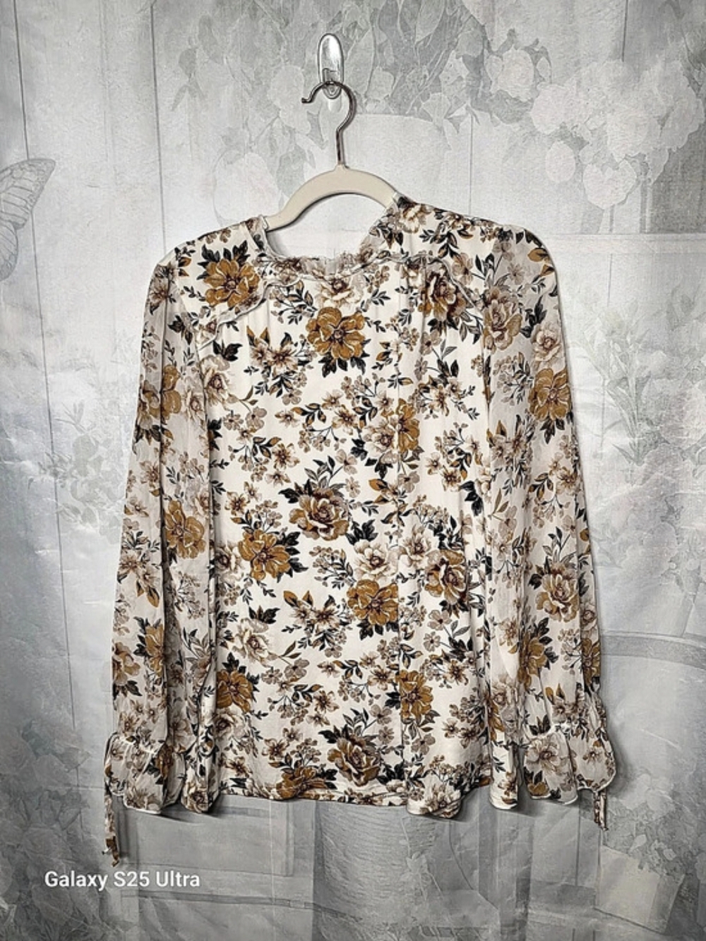 Perception Concept Floral Long Sleeve Blouse in White & Brown Size XL